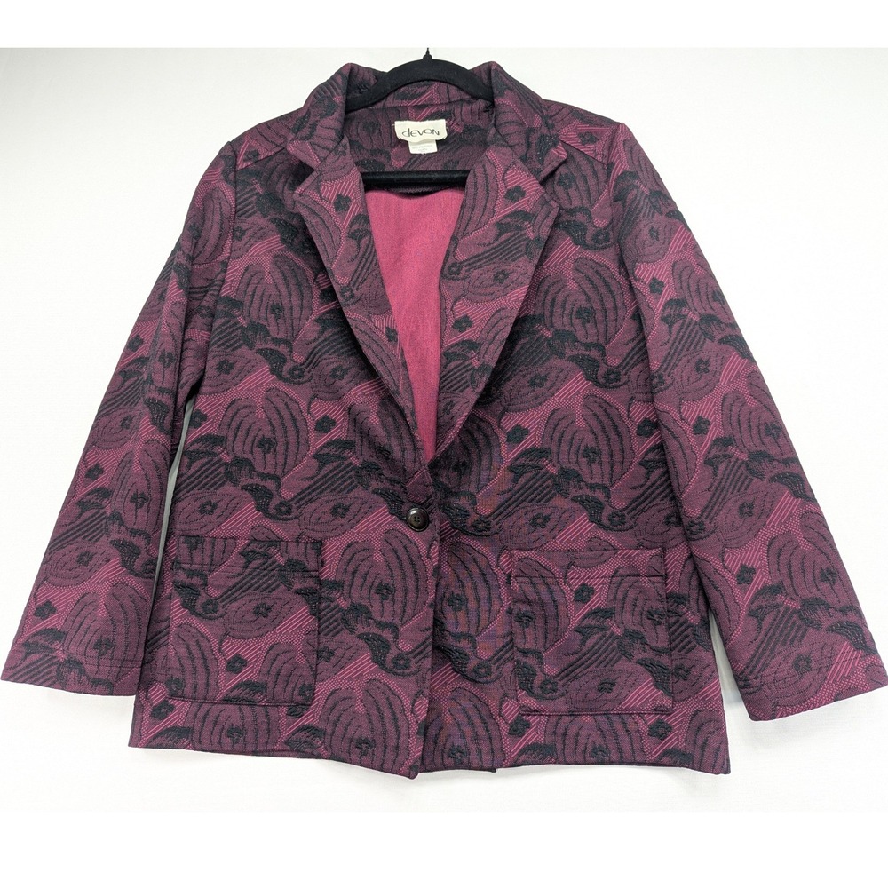 Devon Women's Purple Black Floral Jacquard Blazer Jacket Size 16